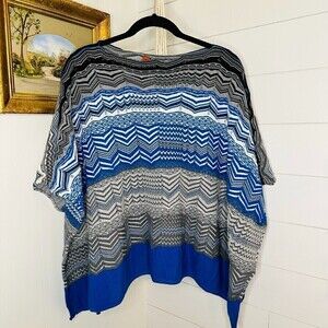 Missoni Zig Zag Crochet Knit Poncho Wool Acrylic Blend Blue One Size